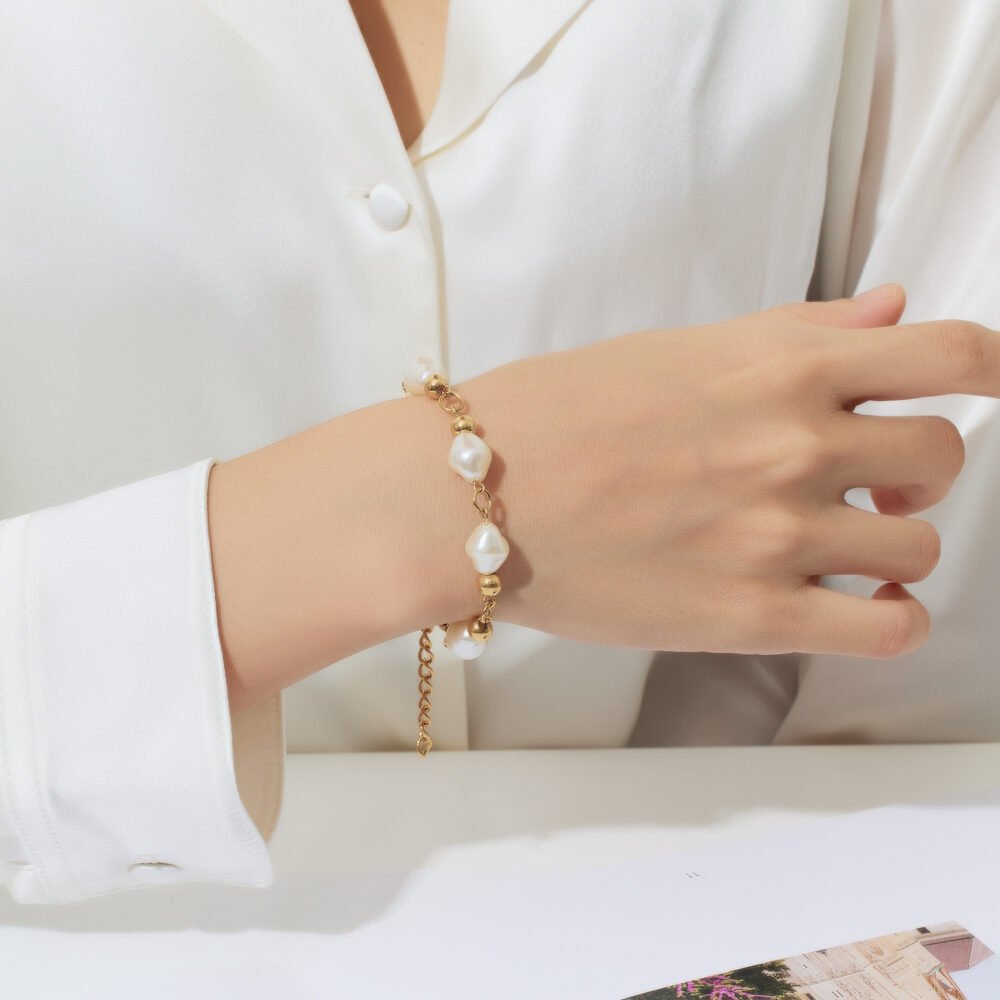 18K Gold-Plated Stainless Steel Bracelet with Irregular Freshwater Pearls