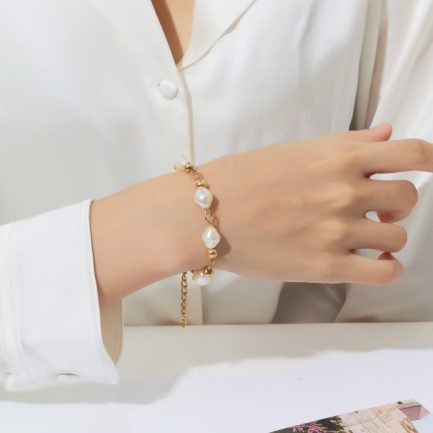 18K Gold-Plated Stainless Steel Bracelet with Irregular Freshwater Pearls