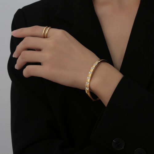 18K Gold-Plated Titanium Steel Couple’s Bracelet Set with Zirconia