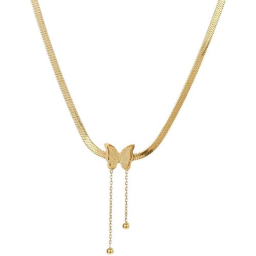 3D Butterfly Pendant Necklace with Tassels in Gold