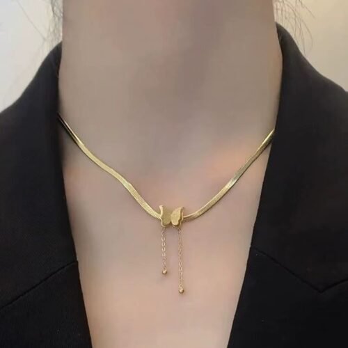 3D Butterfly Pendant Necklace with Tassels in Gold