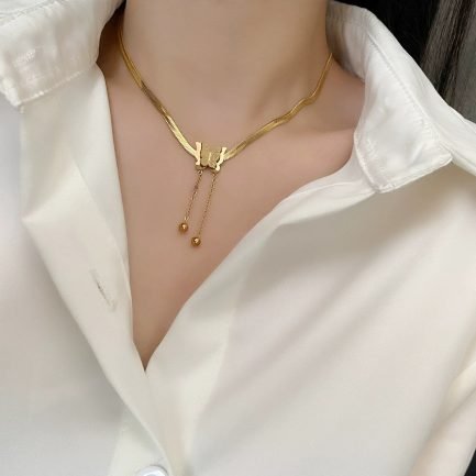3D Butterfly Pendant Necklace with Tassels in Gold - Image 3