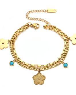 Blooming Charm 18K Gold-Plated Titanium Anklet Bracelet with Turquoise Accents