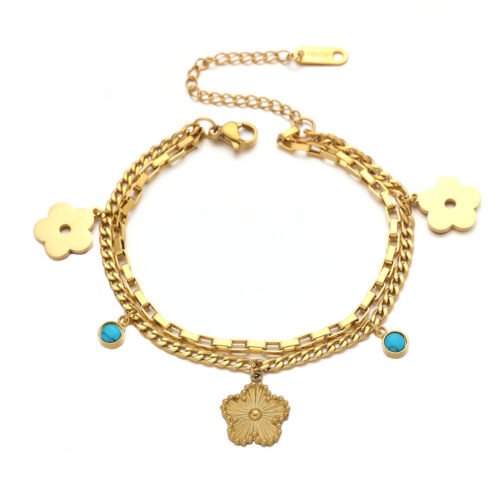 Blooming Charm 18K Gold-Plated Titanium Anklet Bracelet with Turquoise Accents