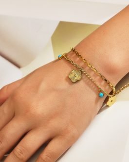 Blooming Charm 18K Gold-Plated Titanium Anklet Bracelet with Turquoise Accents