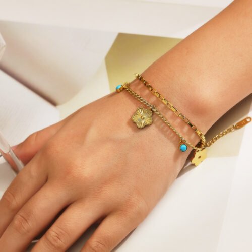 Blooming Charm 18K Gold-Plated Titanium Anklet Bracelet with Turquoise Accents