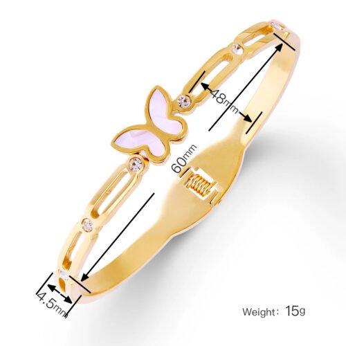 Charming 18k Gold-Plated Butterfly Bangle with Pink Enamel and Zircon Accents
