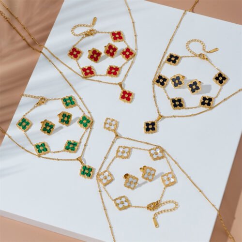 Charming Clover Jewelry Set with Stone Inlay Options