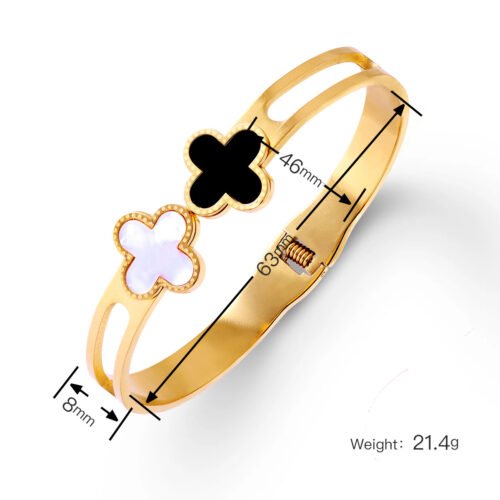 Chic Black and White Mother of Pearl Clover Bangle