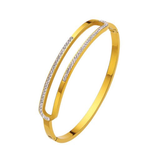 Dazzling Duo 18K Gold-Plated Titanium Bangle with Crystal Accents