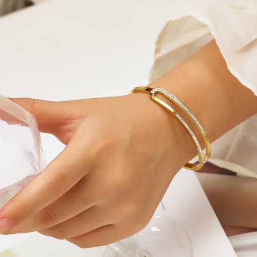 Dazzling Duo 18K Gold-Plated Titanium Bangle with Crystal Accents