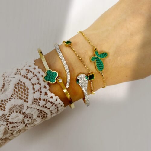 Dazzling Snake Bangle in Gold with Zircon and Gemstone Eyes