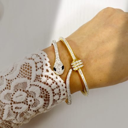 Dazzling Snake Bangle in Gold with Zircon and Gemstone Eyes - Image 4