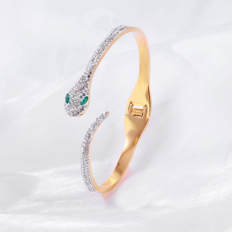 Dazzling Snake Bangle in Gold with Zircon and Gemstone Eyes