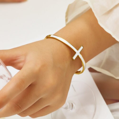 Divine Elegance 18K Gold-Plated Titanium Cross Bangle