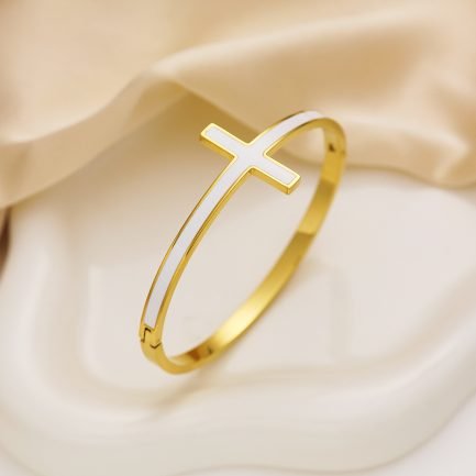 Divine Elegance 18K Gold-Plated Titanium Cross Bangle
