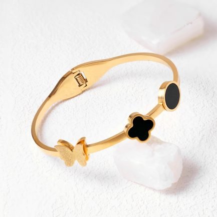 Elegant Clover and Butterfly Bangle in Gold with Black Mother of Pearl