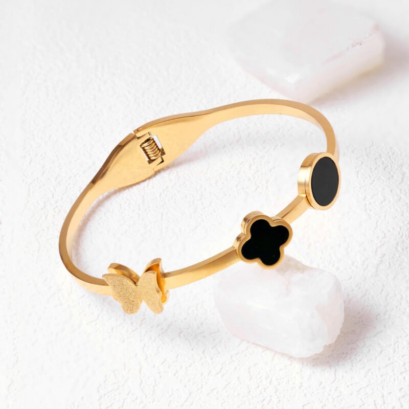 Elegant Clover and Butterfly Bangle in Gold with Black Mother of Pearl