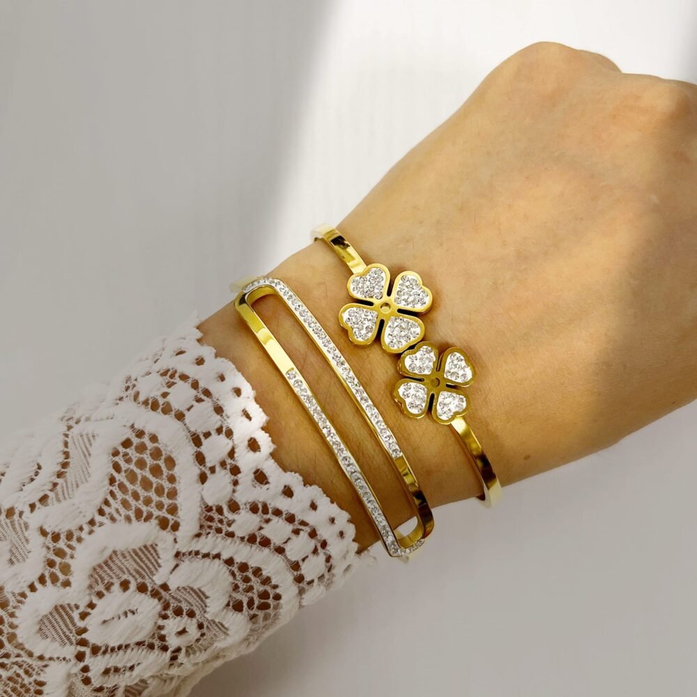 Elegant Floral Bangle in Gold with Crystal Accents - Image 3