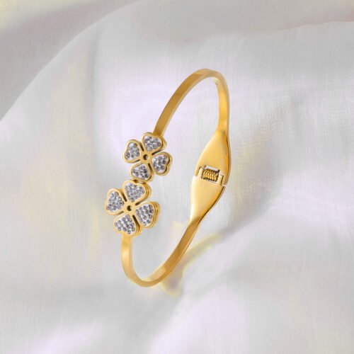 Elegant Floral Bangle in Gold with Crystal Accents