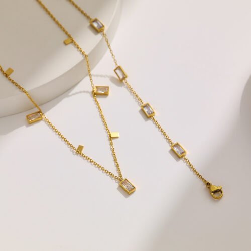 Elegant Geometric Crystal 18K Gold-Plated Titanium Necklace & Bracelet Set