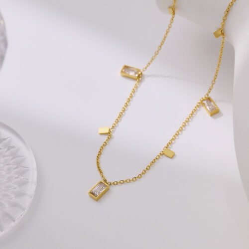 Elegant Geometric Crystal 18K Gold-Plated Titanium Necklace & Bracelet Set