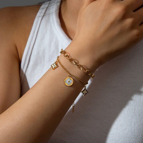 Elegant Gold-Plated Charm Bracelet with White Mother of Pearl Inlay