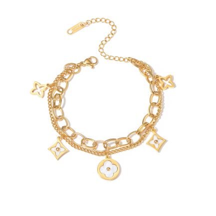 Elegant Gold-Plated Charm Bracelet with White Mother of Pearl Inlay Gold