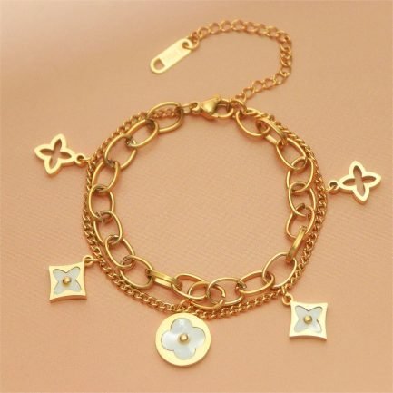 Elegant Gold-Plated Charm Bracelet with White Mother of Pearl Inlay