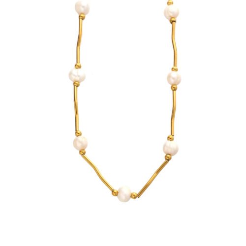 Elegant Pearl Bar Necklace – 18K Gold Plated Titanium Steel