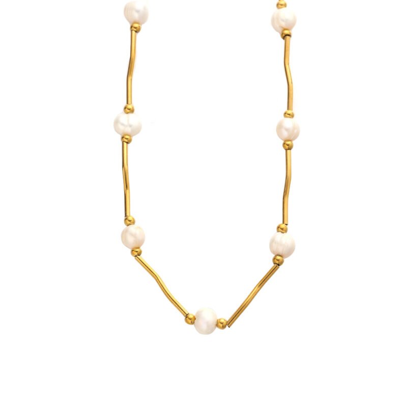 Elegant Pearl Bar Necklace – 18K Gold Plated Titanium Steel