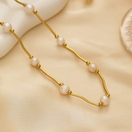 Elegant Pearl Bar Necklace – 18K Gold Plated Titanium Steel