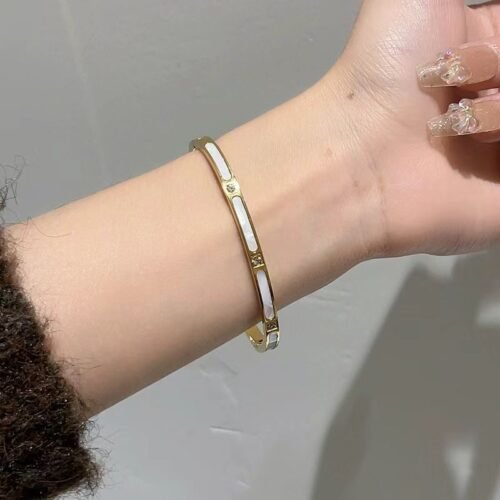 Elegant Zircon and Mother of Pearl Inlay Titanium Bangle
