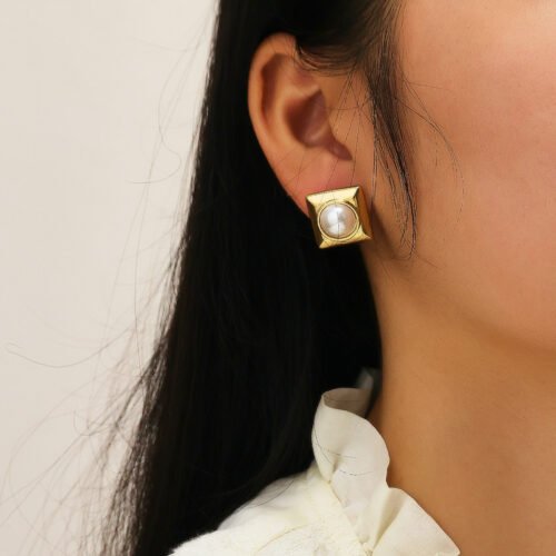 Gilded Square Pearl Studs