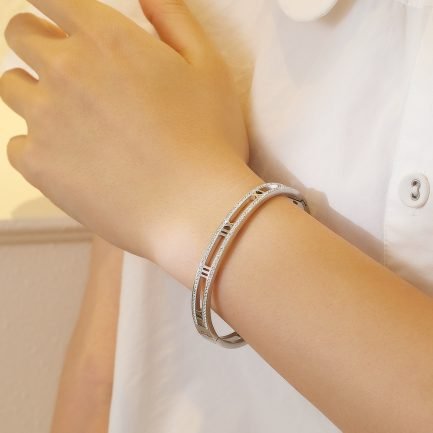Roman Numerals Titanium Steel Bangle with Double Row Zirconia Crystals Silver Women