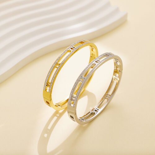 Roman Numerals Titanium Steel Bangle with Double Row Zirconia Crystals