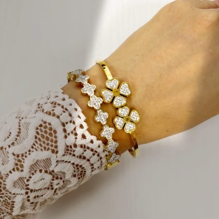 Sparkling Clover Bangle in Gold with Zircon Accents - Image 2
