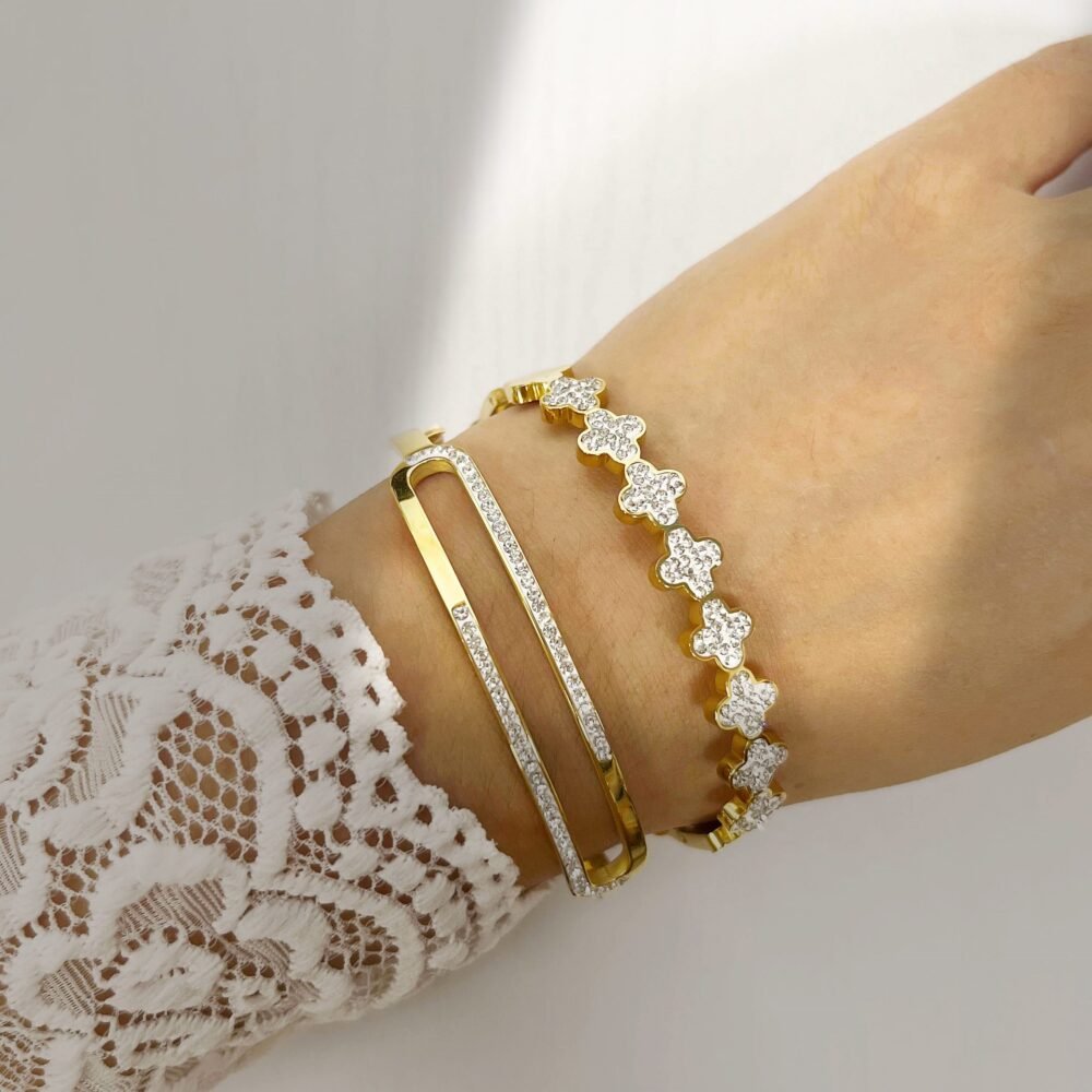 Sparkling Clover Bangle in Gold with Zircon Accents - Image 3