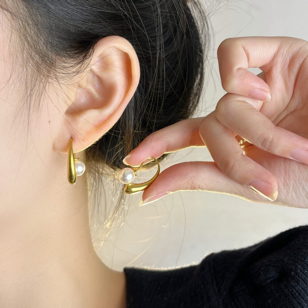 Crescent Pearl Drop Earrings - Image 2