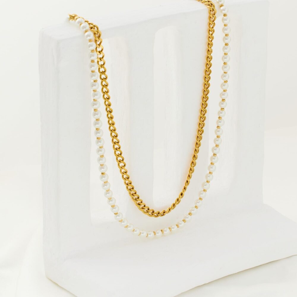 Dual Elegance Pearl and Chain Layered Necklace - Image 3