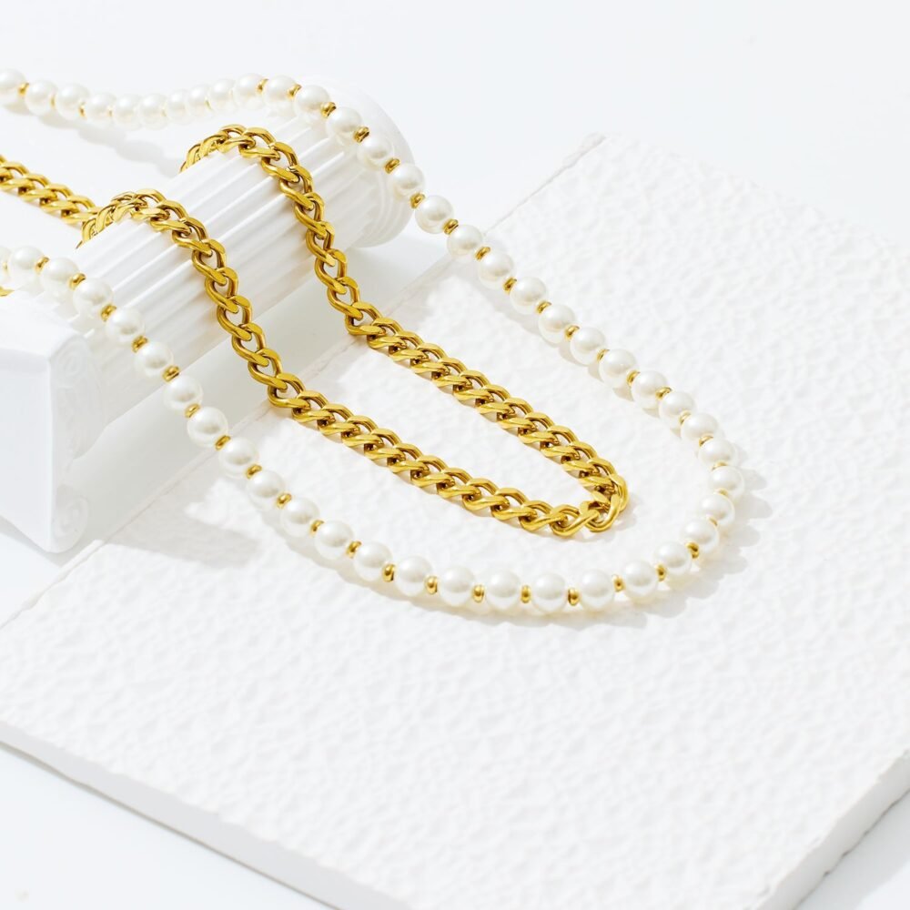Dual Elegance Pearl and Chain Layered Necklace - Image 4