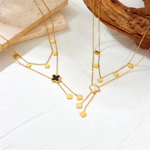 Golden Clover Cascade Layered Necklace Set