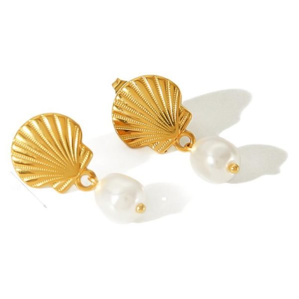 Golden Seashell Pearl Drop Earrings