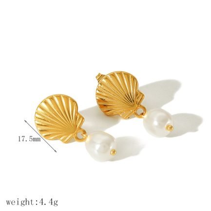 Golden Seashell Pearl Drop Earrings - Image 4