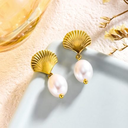 Golden Seashell Pearl Drop Earrings - Image 2