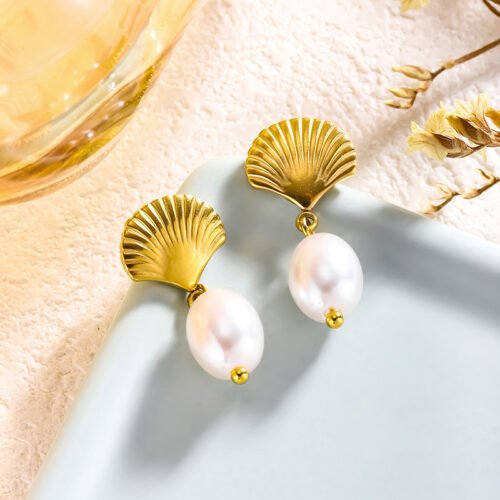 Golden Seashell Pearl Drop Earrings