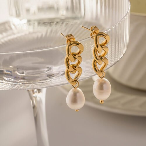 Gold Chain Pearl Drop Earrings