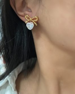 Golden Bow Heart Zircon Earrings