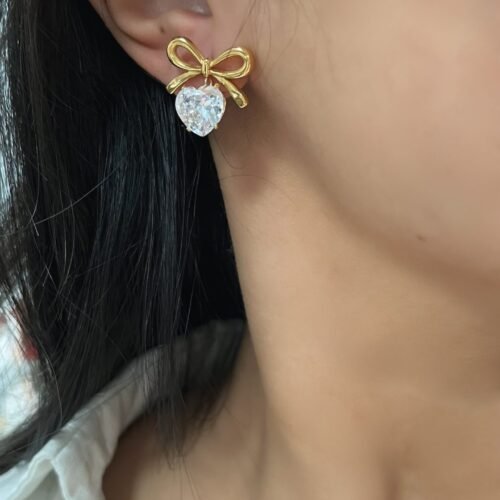Golden Bow Heart Zircon Earrings