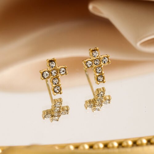 Celestial Faith 18K Gold Cross Stud Earrings with Zircons